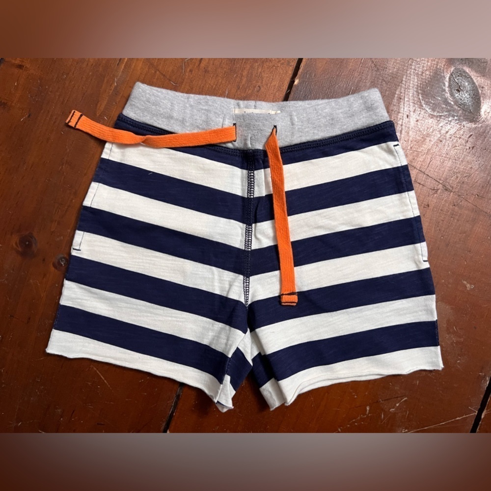 Mini Boden 4Y cotton navy blue white stripe shorts tie waist pockets EUC